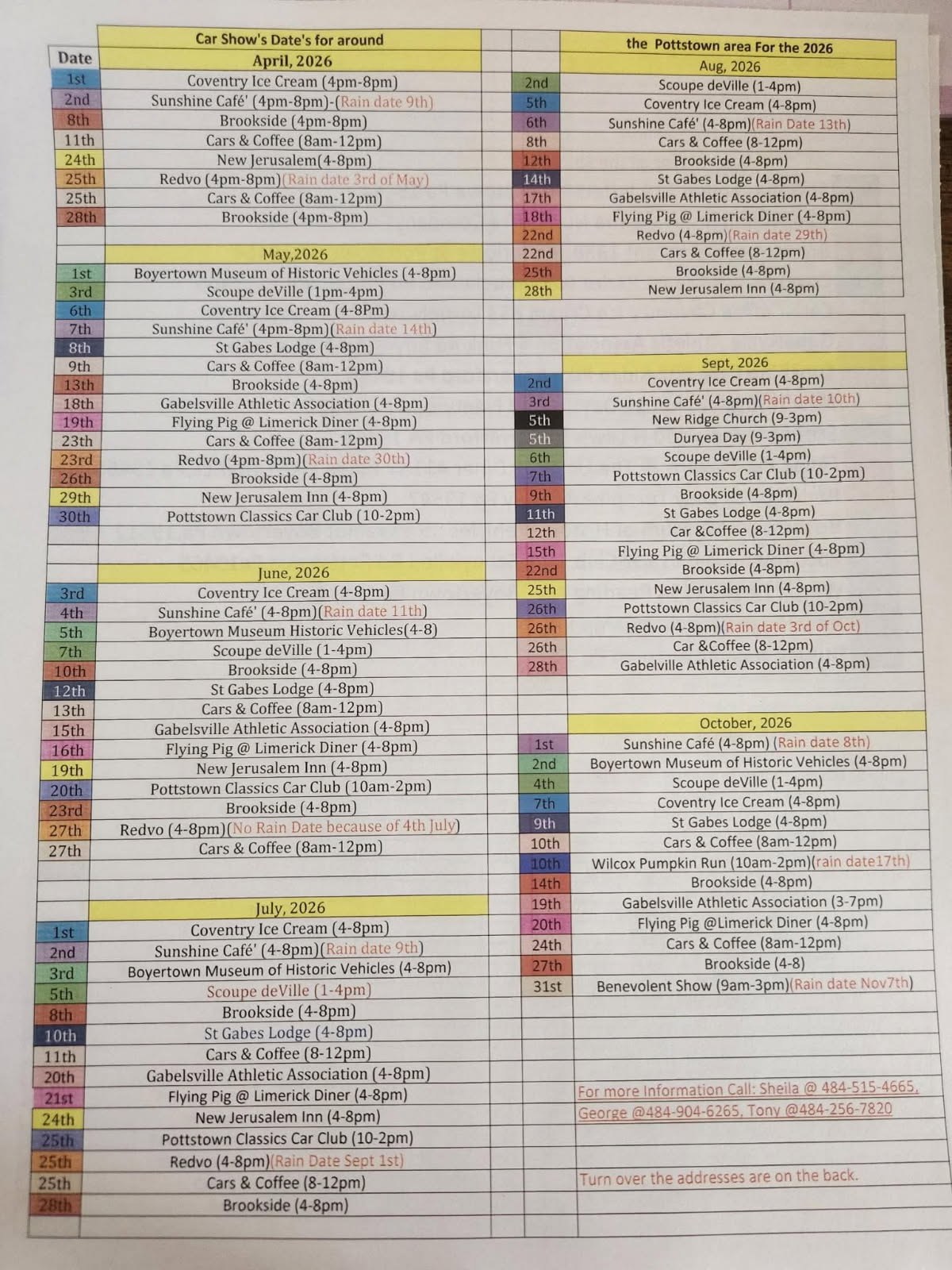 2026 Local Area Shows-Cruise-ins Co-Sponsored by PCCC