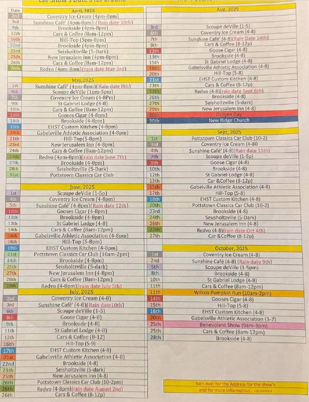 2025 Local Area Shows-Cruise-ins Co-Sponsored by PCCC