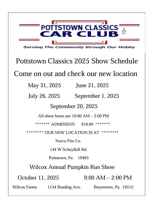 2025 PCCC Car Show Schedule